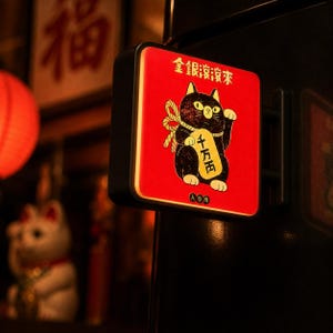 Peut inclure: Une enseigne carrée lumineuse à fond rouge représentant un chat noir. Le chat tient une pièce jaune avec le texte '千万両' et porte l'inscription '金銀滾滾來' au-dessus. L'enseigne est fixée sur une surface noire avec une petite icône circulaire en bas.