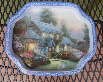 Vintage 1992 Thomas Kincade Purple/Blue Cottage House Small tin tray