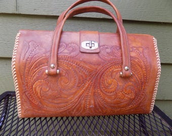 Vintage Embossed Tooled Leather Handbag - Purse