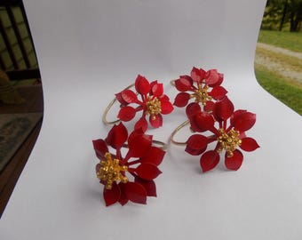 Vintage Metal Red Gold Christmas Poinsettia Napkin Rings Set Of 4