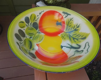 Vintage French Country Enamelware Fruit Bowl: Hand-Painted Orange Motif