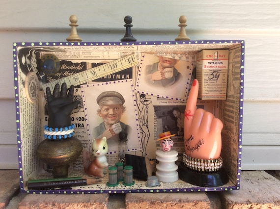 DON'T FORGET. Mixed Media 3D Art Shadow Box DIORAMA Recycled Stuff  Repurposed Cigar Box Junk Things Assemblage 