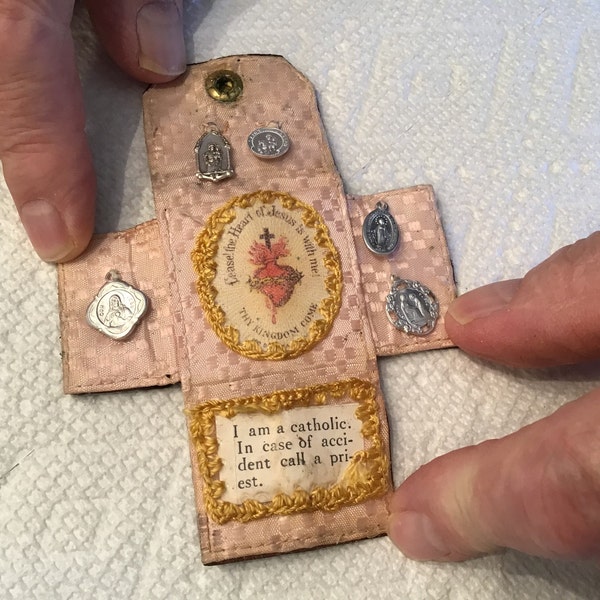 Antique Pocket Vestment Tiny Black Leather Folder Religious Medals Scapular Prayer Oratory Reliquary ~ Nun’s Estate