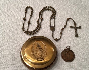 WWI WWII Chaplains Soldiers Military Issued Pull-chain Rosary - w/ Round Brass Metal “1830” Miraculous Casket Case Box ~ Sacred