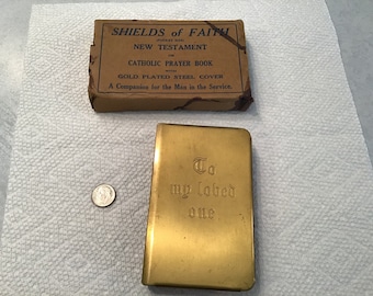 WWII Military SHIELDS of FAITH Gold-Plated Steel Bible w/ Original Mailer Box ~ Catholic Army Brass Prayer Book