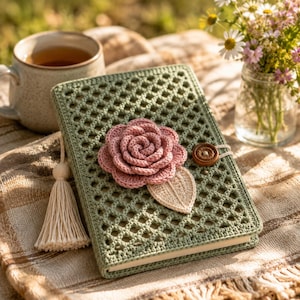 May include: A sage green crochet notebook cover featuring a textured lattice pattern, a three-dimensional dusty pink crocheted rose, a single cream-colored crocheted leaf, a small brown wooden button closure, and a cream-colored yarn tassel.