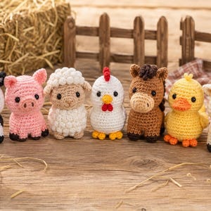 May include: A set of seven crocheted farm animal figures including a black and white cow, a pink pig, a white sheep, a white chicken with a red comb, a brown horse, a yellow duck, and a white goat, all featuring black safety eyes.