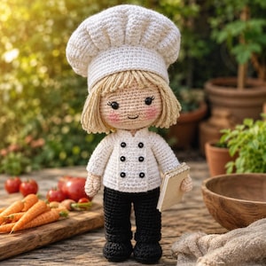 May include: A crocheted doll dressed as a chef, wearing a white toque, a white double-breasted jacket with six black buttons, and black trousers. The doll has blonde yarn hair, rosy cheeks, and holds a small, light-coloured rectangular notepad.