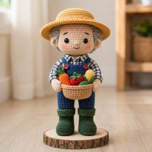 May include: A crocheted doll of a farmer wearing a yellow straw hat, a blue and white plaid shirt, blue overalls with red buttons, and green boots. The doll holds a small tan basket filled with a crocheted orange carrot, red tomato, and yellow corn.
