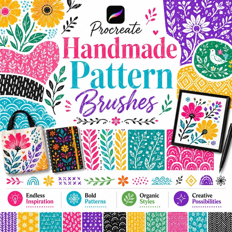 以下が含まれることがあります： Procreate Handmade Pattern Brushesというテキストが中央に配置され、カラフルな花や幾何学模様のイラスト、トートバッグ、ノート、額縁入りのプリント、黒いスタイラスペンが白い背景に描かれたデジタル製品のディスプレイ。