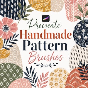 May include: A digital graphic featuring the text Procreate Handmade Pattern Brushes surrounded by various abstract shapes and botanical illustrations in shades of navy blue, terracotta, sage green, mustard yellow, and soft pink on a white background.