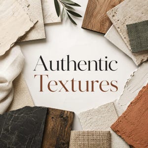 Pode incluir: Uma coleção de várias amostras de materiais dispostas numa borda circular, incluindo madeira, pedra, tecido e gesso, rodeando o texto centrado a preto e castanho Authentic Textures, com um pequeno ramo de folhas verdes no topo.