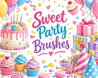 Sweet Party Procreate Brushes, Birthday Cake, Candy, Balloon Stamps (Digital Download)