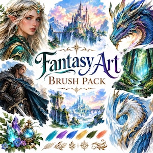 May include: A digital art collection titled Fantasy Art Brush Pack featuring illustrations of an elf, a castle, a dragon, a warrior, a forest, and a griffin. The image includes colorful brush strokes, gold leaf motifs, and crystal elements.