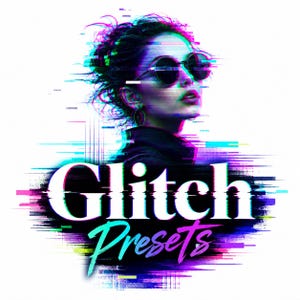 Può includere: Un grafico digitale che mostra una persona con occhiali da sole rotondi con un vibrante effetto glitch nelle tonalità blu neon, rosa e viola. Il testo GLITCH PRESETS è visualizzato in grassetto bianco e in corsivo su uno sfondo bianco.