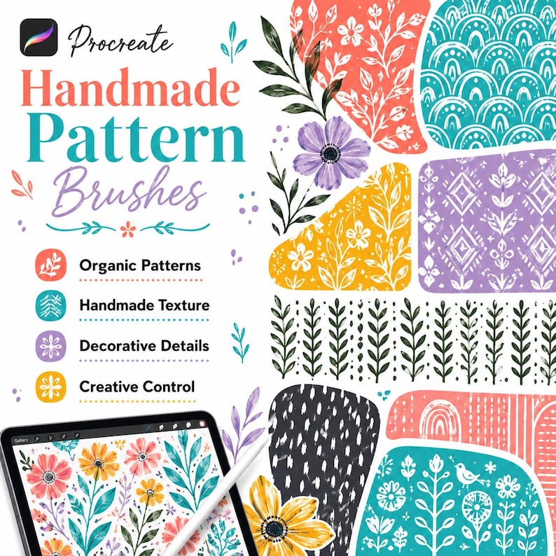 以下が含まれることがあります： Procreate Handmade Pattern Brushesというテキストと、Organic Patterns、Handmade Texture、Decorative Details、Creative Controlの箇条書きが記載されたデジタル画像。右側にはカラフルな花柄や幾何学模様が表示されています。