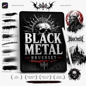 May include: A digital tablet displaying a Black Metal brushset for Procreate, featuring a central skull graphic, gothic typography, and various brush stroke samples including ink, grunge, dripping, chain, scratch, grit, and distressed edge textures.