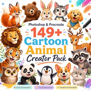 Pode incluir: Um pacote de recursos digitais intitulado 149+ Cartoon Animal Creator Pack para Photoshop e Procreate, apresentando ilustrações coloridas de raposa, urso, coelho, gato, cão, leão, tigre, veado, guaxinim, coruja, panda, pinguim e um filhote de corgi.