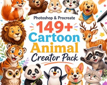 149種類以上の漫画風動物クリエイターパック、Photoshop Procreateデジタルイラストレーションキット（デジタルダウンロード）