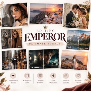 Puede incluir: Una pantalla de producto digital titulada Editing Emperor Ultimate Bundle que presenta múltiples comparaciones de edición de fotos antes y después, incluyendo retratos, paisajes y paisajes urbanos, con seis iconos circulares debajo etiquetados como Professional Finish, Cinematic Color, Creative Control, Fast Workflow, Versatile Results y Polished Visuals.