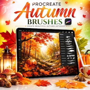 Può includere: Un tablet digitale che mostra l'interfaccia di Procreate con un paesaggio forestale autunnale, includendo un menu di icone di pennelli etichettate come Maple Leaves, Fallen Leaves, Autumn Foliage, Leaf Scatter, Tree Branches, Forest Textures e Grunge Details.