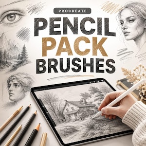 May include: A digital tablet displaying a pencil-style landscape drawing, with a stylus held by a hand. The image features the text PROCREATE PENCIL PACK BRUSHES, surrounded by various graphite-style sketches of an eye, a face, and a mountain scene.