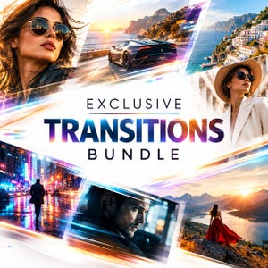Puede incluir: Un gráfico digital titulado EXCLUSIVE TRANSITIONS BUNDLE que presenta un collage de escenas cinematográficas que incluyen un coche deportivo en una carretera costera, una persona con vestido rojo en una montaña, una calle y retratos.