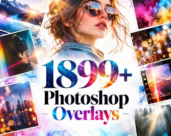 1899+ Photoshop Overlays Bundle, Photo Effects Overlays, Light Leaks, Dust, Film, Smoke & Creative Effects