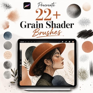Op de afbeelding: Een digitale tablet met een portret van een persoon met een hoed met brede rand, omringd door diverse getextureerde grain shader penseelvoorbeelden. De tekst luidt Procreate 22+ Grain Shader Brushes, met digitale illustratietools.