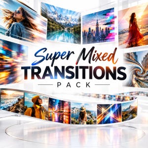 Może przedstawiać: Cyfrowa prezentacja produktu zatytułowana Super Mixed Transitions Pack, zawierająca kolaż różnych scen fotograficznych, w tym krajobrazów, panoram miast i portretów, ułożonych w zakrzywioną taśmę filmową i ramki.