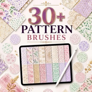 Könnte beinhalten: Ein digitales Tablet zeigt eine Sammlung von 30+ Musterpinseln mit floralen, geometrischen und abstrakten Designs in Rosa-, Lila-, Grün- und Goldtönen. Ein weißer Eingabestift liegt auf dem Bildschirm, umgeben von kreisförmigen Mustern.