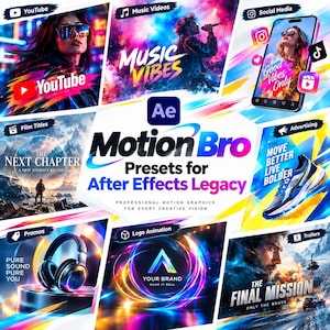 Könnte beinhalten: Eine digitale Werbegrafik für Motion Bro Presets for After Effects Legacy mit einem zentralen Logo, umgeben von acht Feldern, die verschiedene Medienanwendungen wie YouTube, Musikvideos, soziale Medien und Filmtitel zeigen.