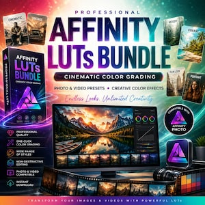 Peut inclure: Un ensemble de produits numériques pour Affinity Photo avec le texte Affinity LUTs Bundle, Cinematic Color Grading et Endless Looks. Unlimited Creativity. Inclut un écran affichant un paysage de montagne, des pellicules et des icônes.