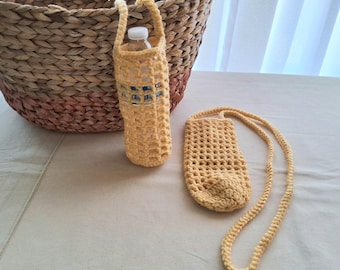 Crocheted bottle bag with single strap made in acrylic yarn