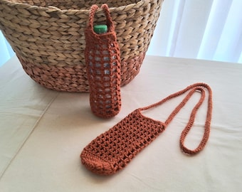 Crocheted bottle bag with single strap made in acrylic yarn