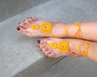 Orange beach sandals, nude shoes, summer fun, foot jewelry, sexy belly dancer, wedding, girl accessories, pool fun, wedding sandals.