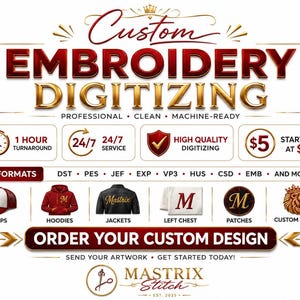 May include: A digital advertisement for custom embroidery digitizing services featuring the text Custom Embroidery Digitizing, Professional, Clean, Machine-Ready, and Mastrix Stitch. It displays icons for turnaround, service, quality, and formats like DST, PES, JEF, EXP, VP3, HUS, CSD, and EMB.