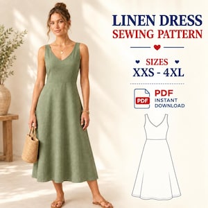 May include: A sewing pattern for a sleeveless linen dress with a V-neckline and a flared skirt. The text reads LINEN DRESS SEWING PATTERN, SIZES XXS - 4XL, and PDF INSTANT DOWNLOAD. A line drawing of the dress is included alongside the text.