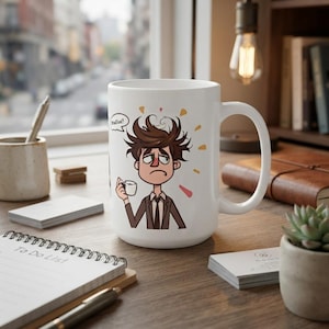 May include: A white ceramic mug featuring a cartoon illustration of a person with messy brown hair, a brown suit, and a tie, holding a small white cup. A speech bubble above the person contains the text "Coffee?" with scattered colorful shapes.
