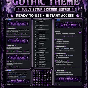 May include: A digital display of a gothic-themed Discord server template with purple and black aesthetics. It features sections for self-roles, server stats, welcome messages, and verification, all decorated with ornate borders and icons.
