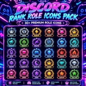 May include: A digital collection of over 30 neon-style Discord rank role icons featuring various symbols like crowns, gems, and animals within laurel wreaths. The text reads DISCORD RANK ROLE ICONS PACK and includes labels for each specific role.