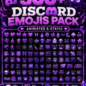 Peut inclure: Une collection numérique de plus de 300 émojis Discord sur le thème violet, comprenant des designs animés et statiques. Le pack inclut diverses icônes comme des cœurs, des étoiles, des chats, des crânes et des graphiques textuels.