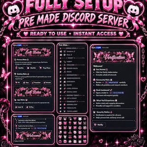 May include: A digital graphic display for a pre-made Discord server featuring a neon pink and black aesthetic with butterfly and rose motifs. The text reads FULLY SETUP PRE-MADE DISCORD SERVER, READY TO USE, INSTANT ACCESS, and includes channel layouts.