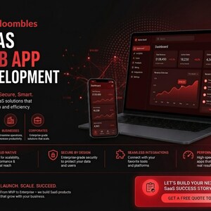 May include: A laptop and smartphone displaying a dark-themed SaaS dashboard with red accents. Text includes Gloombles, SAAS WEB APP DEVELOPMENT, Scalable, Secure, Smart, and Let's build your next SaaS success story. Get a free quote today.
