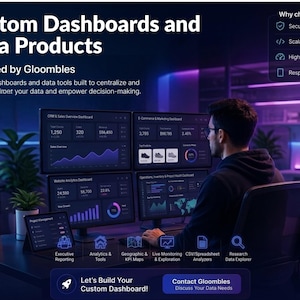 Könnte beinhalten: Eine digitale Anzeige mit benutzerdefinierten Dashboards und Datenprodukten von Gloombles. Der Bildschirm zeigt verschiedene Datenvisualisierungen, Diagramme und Analysetools sowie Texte wie Why choose us, Secure, Scalable, High Performance und Responsive.