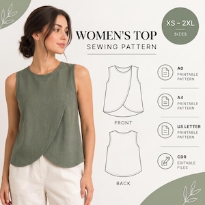 Women’s Casual Top Sewing Pattern PDF | Sleeveless Wrap Front Top Pattern | Women's Top PDF Pattern | sleeveless top PDF|Top Sewing Pattern