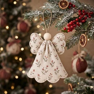 May include: A hanging angel ornament crafted from off-white fabric featuring a delicate floral pattern of small red flowers and green stems. The ornament has a smooth wooden bead for a head, scalloped edges, and a simple loop for hanging.