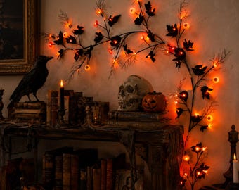 Halloween LED-slinger, oranje griezelige takkenslinger, wanddecoratie voor binnen, verlichting voor een spookhuisfeest, Halloween kamerdecoratie
