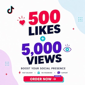Op de afbeelding: Een digitale afbeelding met het TikTok-logo, een hartpictogram en een oogpictogram. De tekst luidt 500 LIKES + 5.000 VIEWS, BOOST YOUR SOCIAL PRESENCE, FAST DELIVERY, NO PASSWORD, SUPPORT en een rode knop met de tekst ORDER NOW en een pijl.