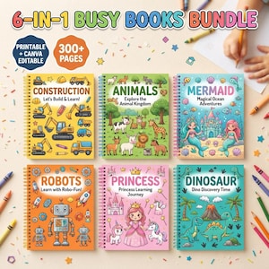 May include: A 6-in-1 busy books bundle featuring six spiral-bound activity books with themes including construction, animals, mermaids, robots, princesses, and dinosaurs. Each cover displays colorful illustrations and text, with 300+ pages total.